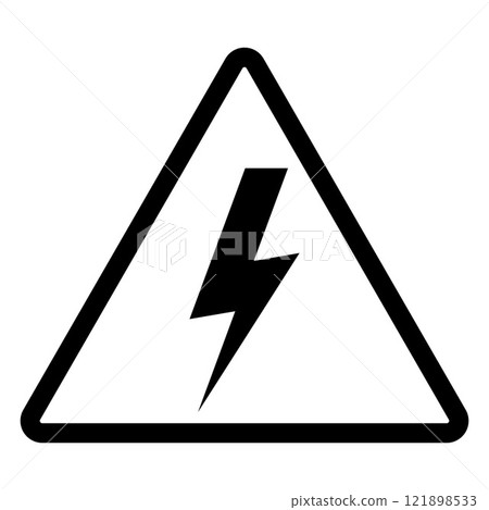High voltage sign, lightning in triangle symbol icon, black and white illustration isolated on white 121898533