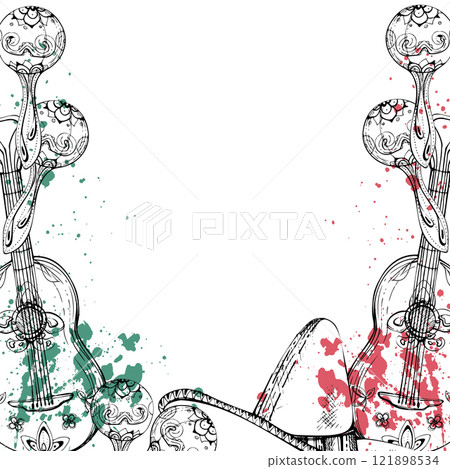 Mexican symbols sombrero hat, guitar maracas mariachi musical instruments, red green splashes. Hand drawn ink vector isolated illustration border frame. Design travel, vacation, folk concert brochure 121898534