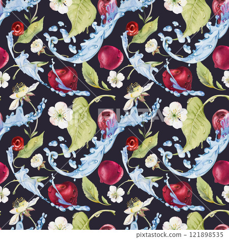 Sweet sour cherry cerise flying in water splashes drops, watercolor hand drawn, red garden berry leaves white flowers. Seamless pattern tile illustration. Restaurant dessert cafe menu, farmers market Sweet sour cherry cerise flying in water splashes drops, watercolor hand drawn, red garden berry leaves white flowers. Seamless pattern tile illustration. Restaurant dessert cafe menu, farmers market 121898535