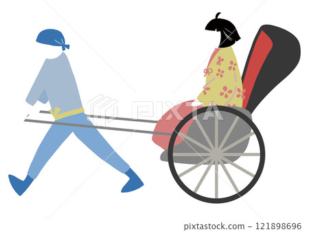 An illustration of a woman in a Japanese kimono riding in a rickshaw and a man pulling the rickshaw 121898696