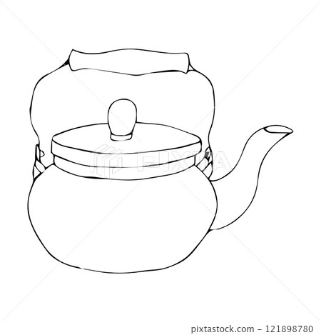 Retro teapot in doodle style. Vector illustration on white background. 121898780