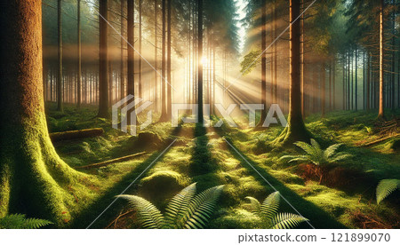 清晨陽光照亮的神秘森林的風景圖 121899070