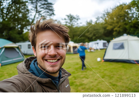 Camping trip with friends in nature 121899113
