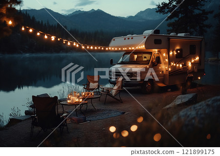 Evening by the lit lake Evening by the lit lake 121899175