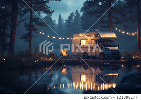 Night lake with cozy camper 121899177