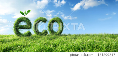 Eco text drawn with blue sky and green grass Eco text drawn with blue sky and green grass 121899247