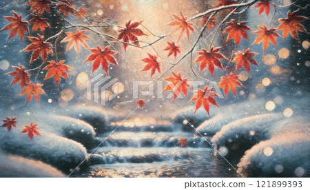 A fantastic landscape illustration of autumn leaves and winter light on a snow-covered riverside A fantastic landscape illustration of autumn leaves and winter light on a snow-covered riverside 121899393