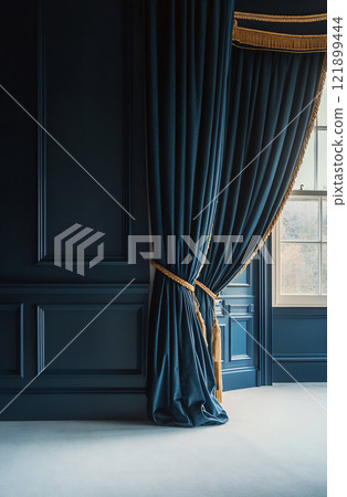 Elegant dark curtains grace a room 121899444