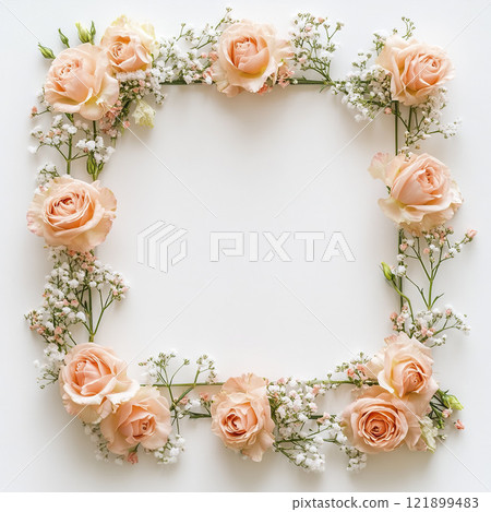 AI-generated item. Frame made of roses and gypsophila flowers on white background. 121899483