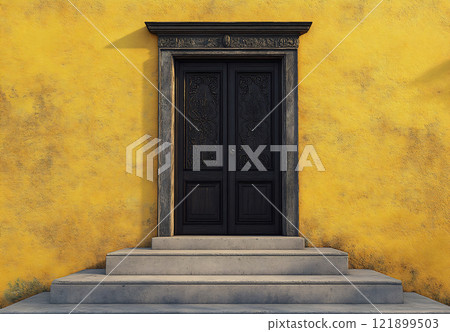 Black door on yellow wall 121899503