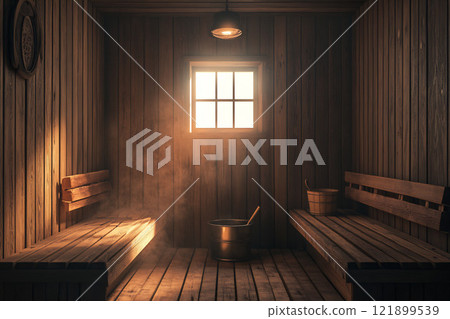 Serene sauna with sunlight 121899539