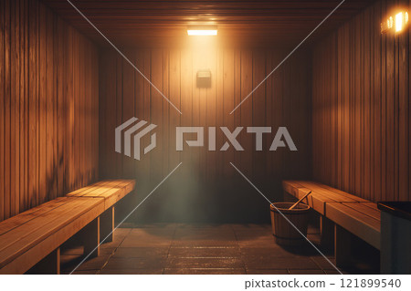 Warm and inviting sauna setting 121899540
