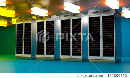 Server room. Server data center. Backup, mining, hosting, mainframe, farm and computer rack with storage information. 3d rendering Server room. Server data center. Backup, mining, hosting, mainframe, farm and computer rack with storage information. 3d rendering 121899550