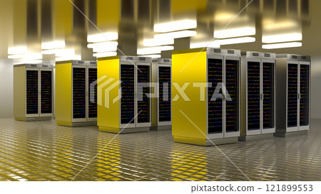 Server room. Server data center. Backup, mining, hosting, mainframe, farm and computer rack with storage information. 3d rendering 121899553