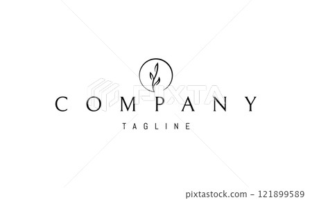 Vector logo with an abstract image of a sprout and leaf against the background of a circle of the sun. 121899589