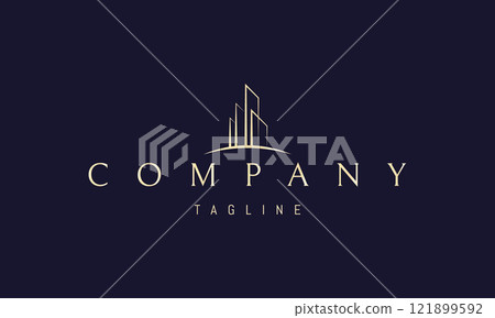 Vector golden logo with an abstract image of a modern city on the horizon. 121899592