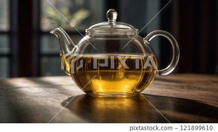 Clear glass teapot filled with fragrant tea sits on a wooden surface in warm lighting Clear glass teapot filled with fragrant tea sits on a wooden surface in warm lighting 121899610