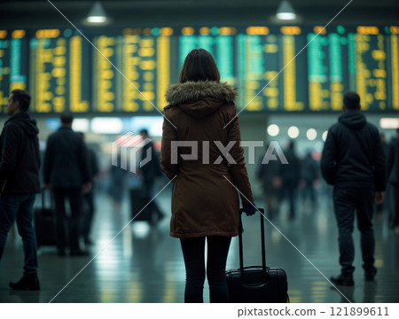 Woman waits at a busy airport terminal with a suitcase in the evening Woman waits at a busy airport terminal with a suitcase in the evening 121899611