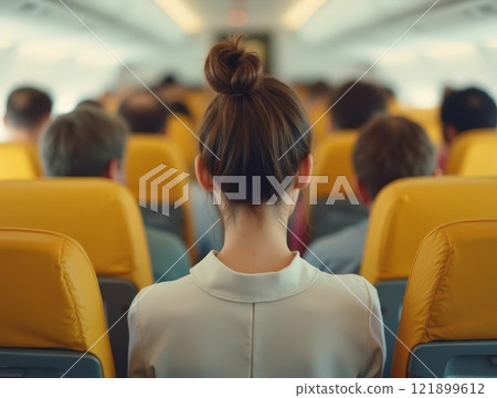 Travelers on a flight experience the journey together in a spacious airplane cabin 121899612