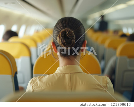 Woman sitting in airplane seat looking out over cabin during flight Woman sitting in airplane seat looking out over cabin during flight 121899613