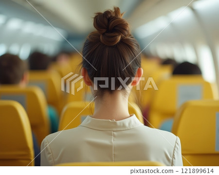 Woman seated on airplane enjoying a flight with other passengers in bright cabin environment 121899614