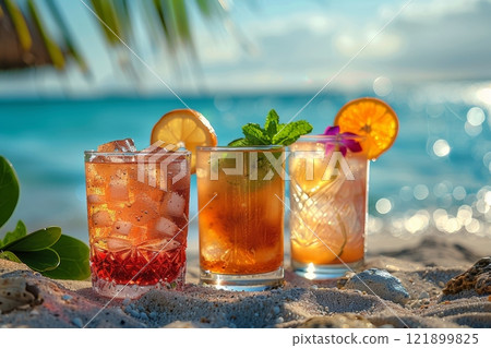 A composition of different cocktails stands on the sand at the edge of the water on an ideal beach in the sand. 121899825
