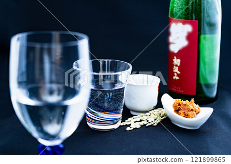 在各種清酒容器中飲用清酒、純米大吟釀、燻清酒和冷清酒[享受酒精的圖像] 121899865