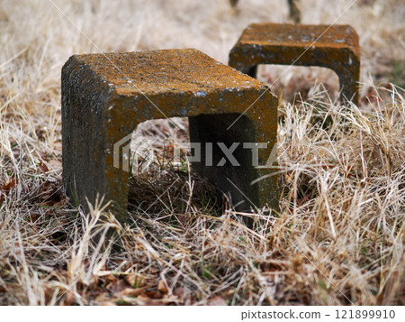A nostalgic landscape photo of benches and iron fences lined up in a winter-dead grassland 121899910