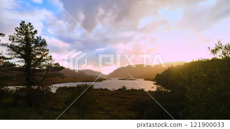 Glenveagh National Park in Donegal Ireland aerial view - The breathtaking landscape features rolling 121900033
