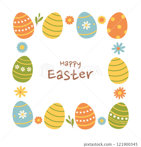 Happy Easter square frame with colorful eggs and flowers in green, yellow, blue and orange colors. Cute spring template. Holiday border. Vector flat illustration for banner, greeting card Happy Easter square frame with colorful eggs and flowers in green, yellow, blue and orange colors. Cute spring template. Holiday border. Vector flat illustration for banner, greeting card 121900345