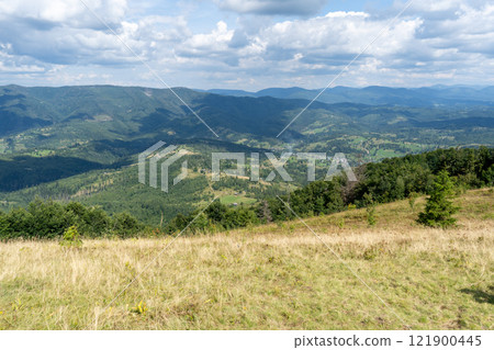 Mountains ranges in the Carpathians. Hills, forest and meadows 121900445
