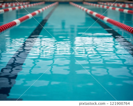 Swimming pool with lanes reflecting light during a calm afternoon 121900764