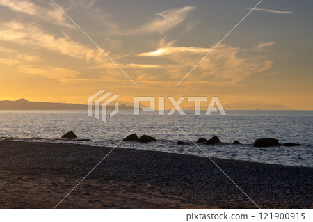 Sunset on the beach, Spadafora, Sicily, Italy 121900915