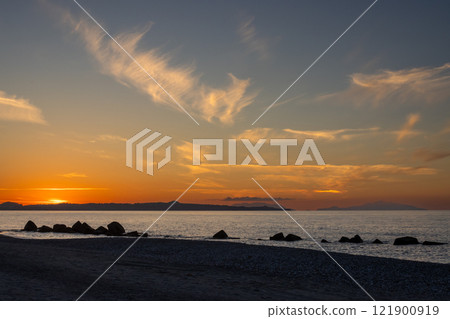 Sunset on the beach, Spadafora, Sicily, Italy 121900919