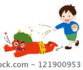 A boy throwing beans and a falling red demon 121900953