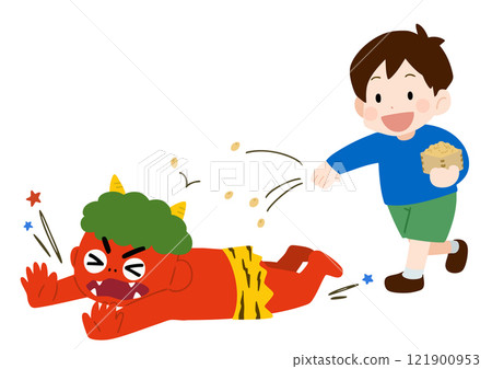 A boy throwing beans and a falling red demon 121900953