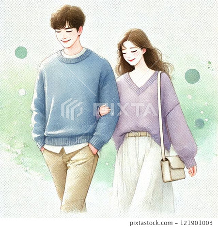 A spring walk: Two people walking together in a gentle moment 121901003