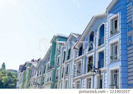 Blue green color modern exterior of Houses Buildings. Bright windows 121901057