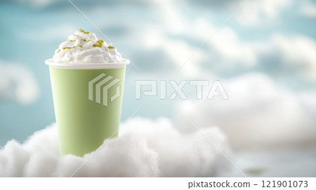 green cup of matcha whipped cream dessert on fluffy clouds with dreamy sky background 121901073