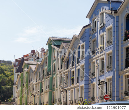 Multicolor modern Facade of Houses Buildings. Bright windows Multicolor modern Facade of Houses Buildings. Bright windows 121901077