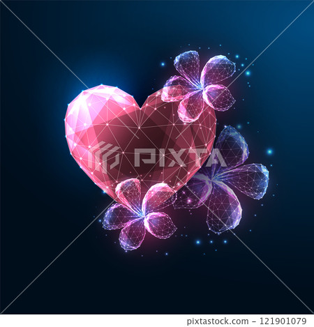 Futuristic Valentines Day digital greeting card with glowing polygonal heart and flowers on blue  121901079