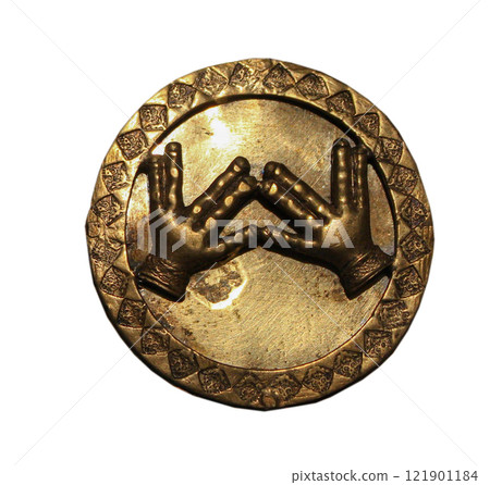 Sign language Old iron emblem. The arms are folded in the shape of a triangle. Masonic gesture of the all-seeing eye 121901184