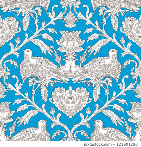 Birds and Floral Seamless Pattern: Elegant Vector Illustration for Fabrics, Wallpapers, and Packaging Design 121901280