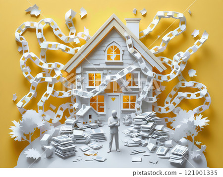Paper applique mortgage crisis Man standing in front of a house surrounded by chains. High quality illustration 121901335