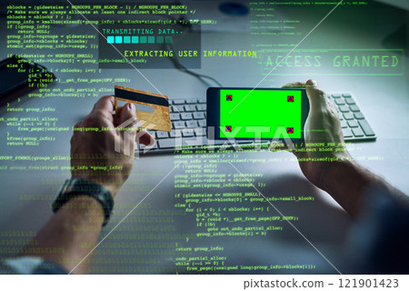 Hacking credit card with phone, green screen chromakey markers or copy space and sci fi graphic data. Cyberpunk, information technology or software hacker man stealing online or phishing with malware Hacking credit card with phone, green screen chromakey markers or copy space and sci fi graphic data. Cyberpunk, information technology or software hacker man stealing online or phishing with malware 121901423