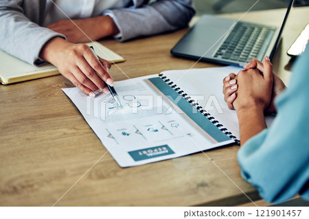 Insurance, finance and investment planning with a financial advisor, bank manager and accountant with paperwork. Hands showing, explaining and sharing knowledge of future savings budget to customer 121901457