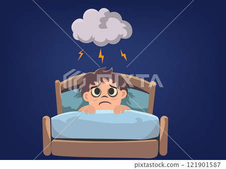 Illustration of an insomniac boy having fear in bed at night 121901587