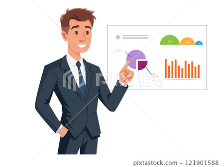 Illustration of a male office worker making a gesture with his hand pointing to the side. 121901588