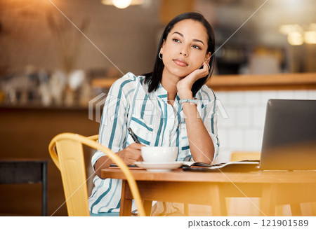 Thinking, wondering and planning woman having a coffee while working remotely on laptop at cafe. Freelance female writer daydreaming, thinking about a career change during tea break at a coffee shop Thinking, wondering and planning woman having a coffee while working remotely on laptop at cafe. Freelance female writer daydreaming, thinking about a career change during tea break at a coffee shop 121901589