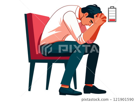 Illustration of an overworked businessman under stress and having a headache The energy inside is gone. 121901590